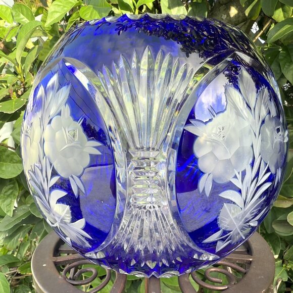 Bohemian Crystal Cobalt Blue Cut to Clear Large Rose Bowl 7” - Picture 5 of 11